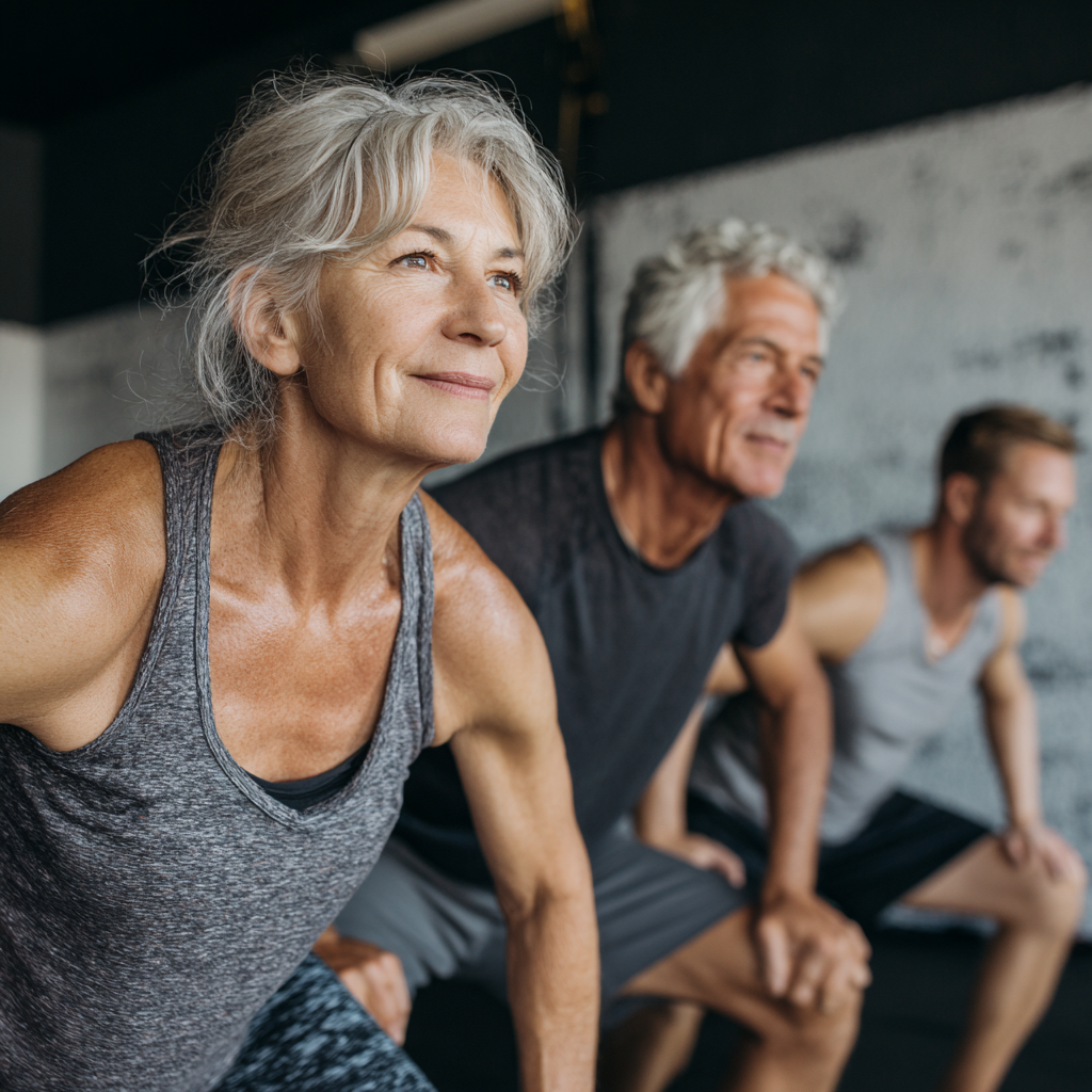 Middle-aged adults performing functional fitness exercises with confidence and stability