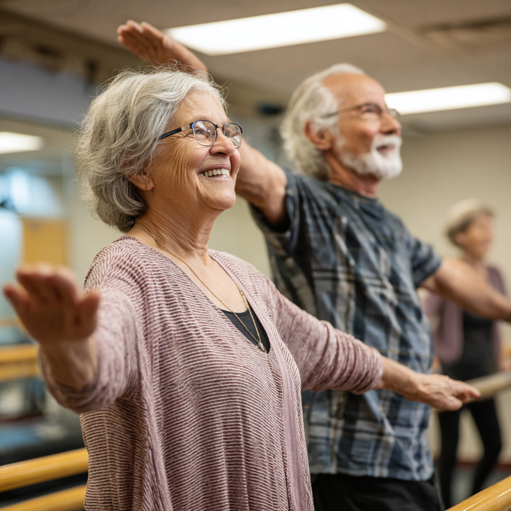 Older adults working on mobility and balance exercises in a supportive environment